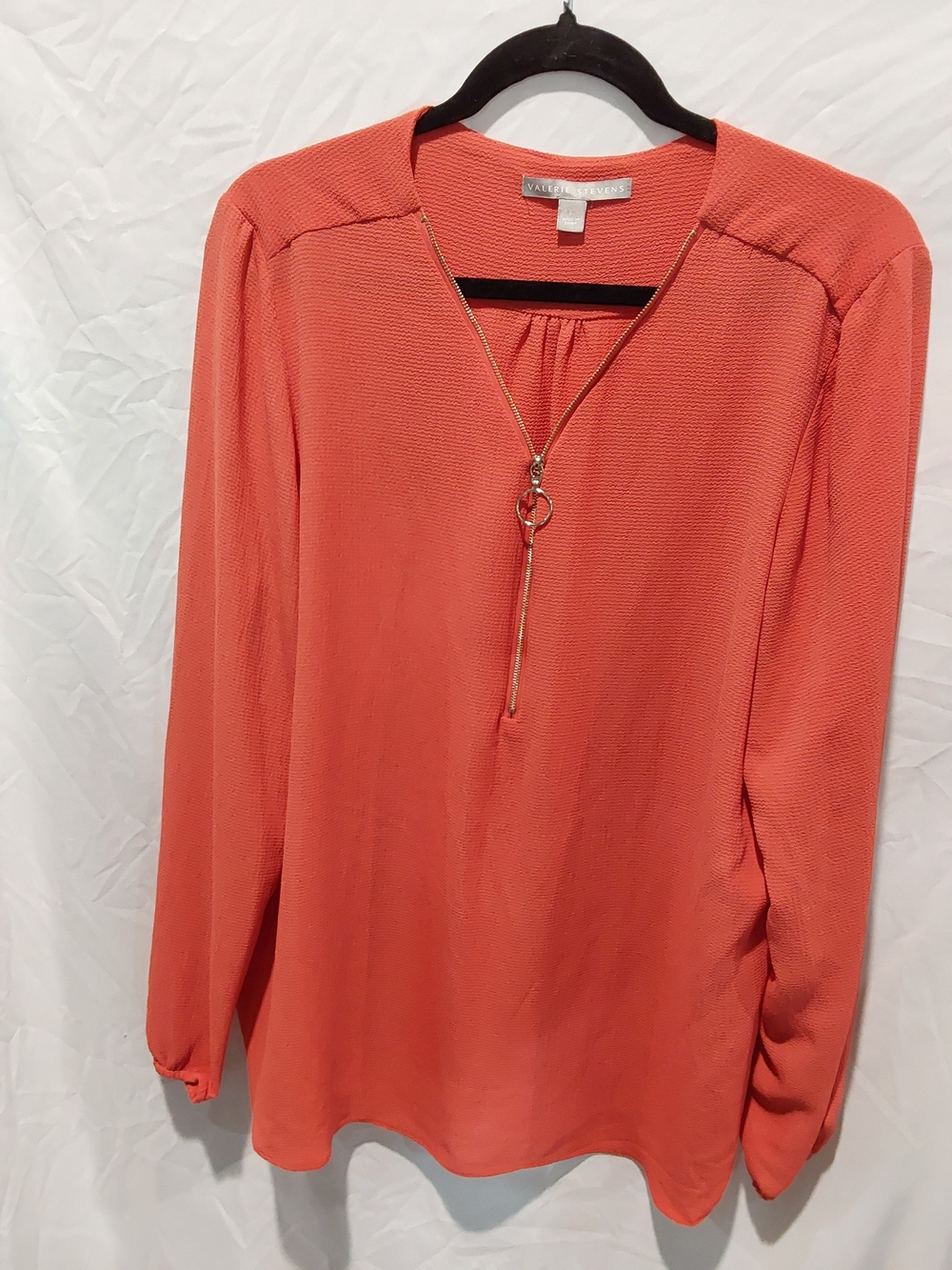 Valerie Stevens Coral V-Neck Long Sleeve Top with Gold Pendant Zip